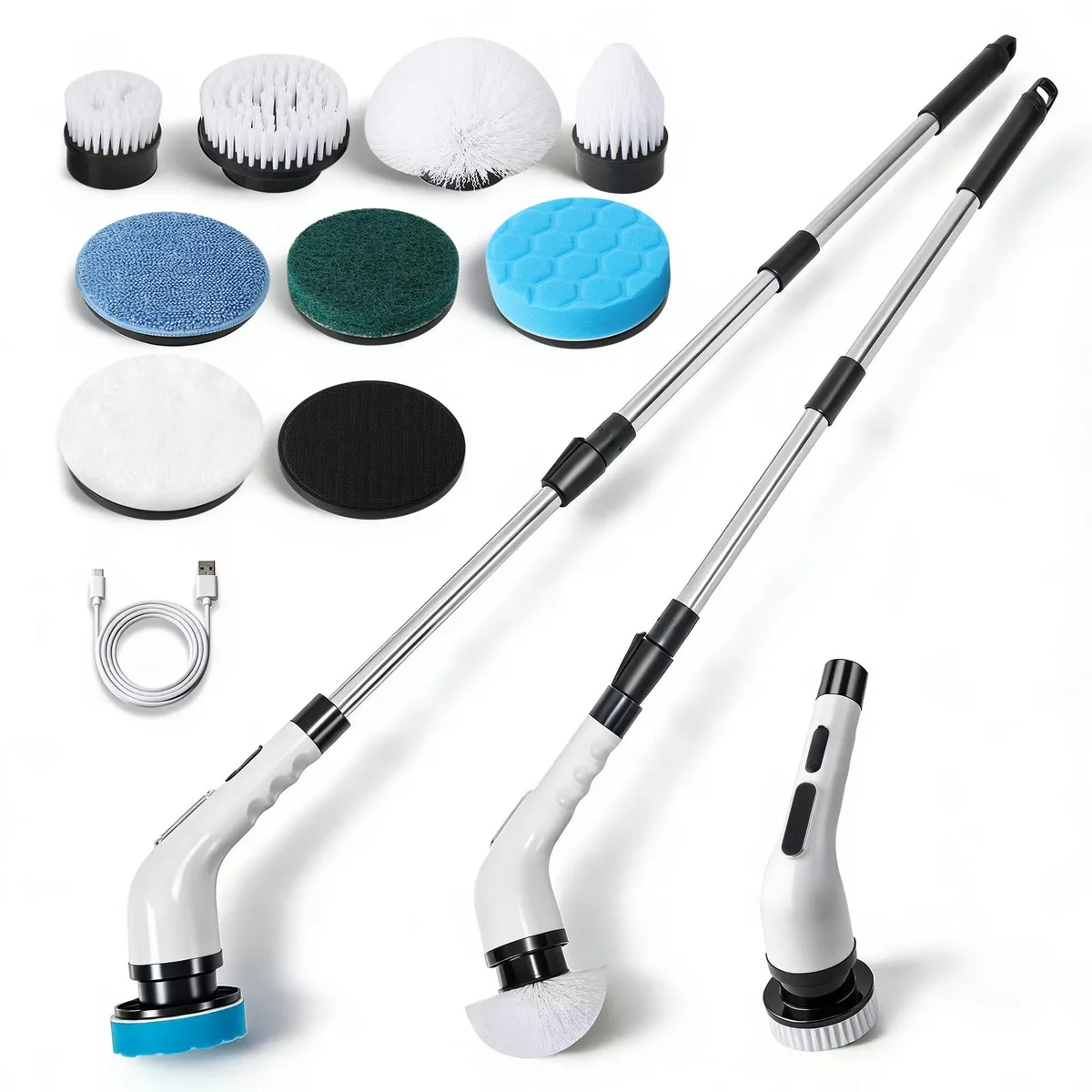 White cordless spin scrubber with telescopic handle and interchangeable brush heads