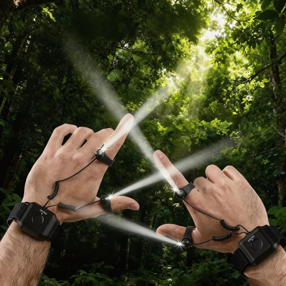 Two black finger-mounted LED lights with adjustable straps and 360° rotatable heads