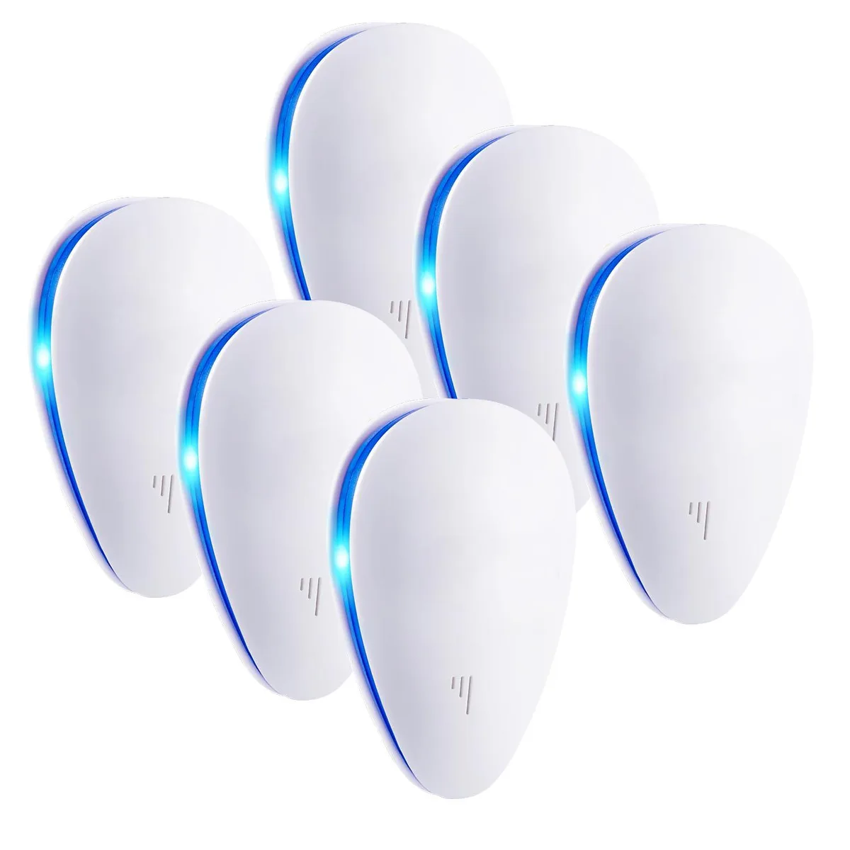 Six white ultrasonic pest repeller units plugged into wall sockets