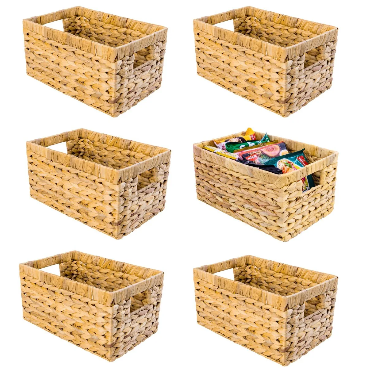 Six rectangular woven baskets in natural water hyacinth with built-in handles