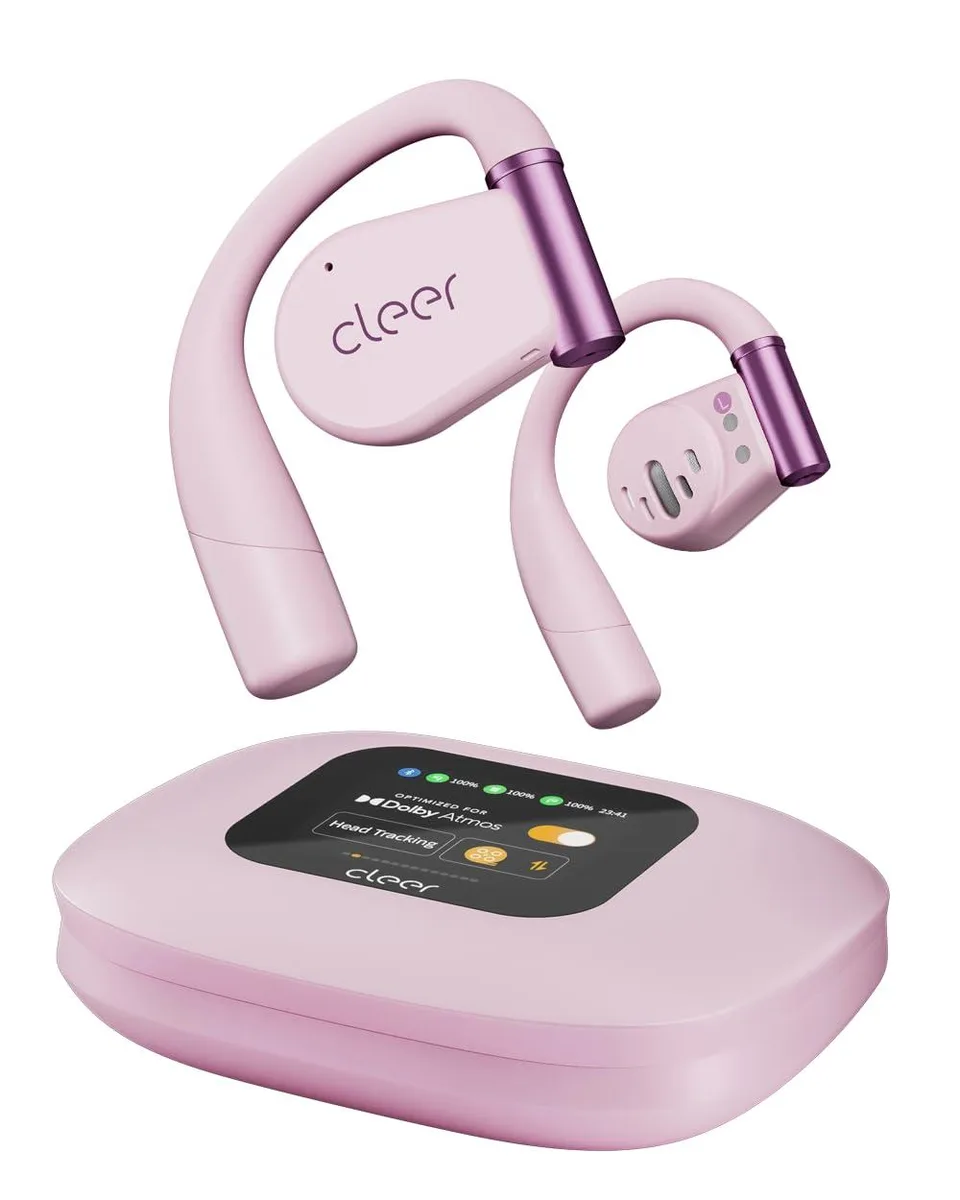 Pink open-ear earbuds with flexible ear hooks and matching charging case