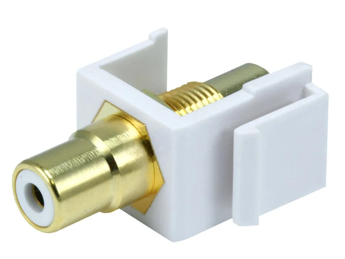 White rectangular keystone jack with RCA coupler front and back