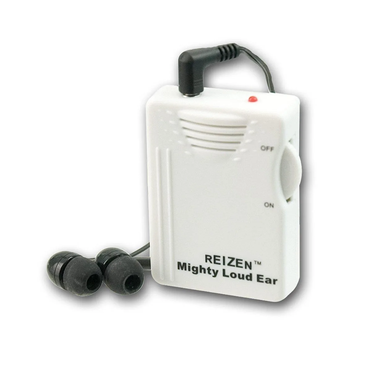 Small beige hearing amplifier with belt clip, volume dial, red LED, dual earphones and two AAA batteries