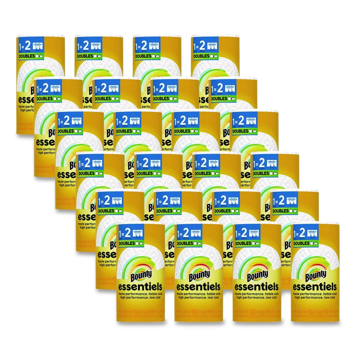 White 2-ply perforated paper towel rolls in a 24-count carton
