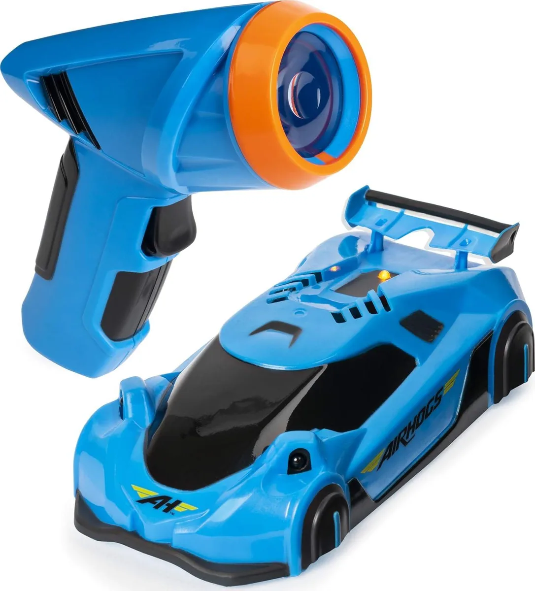 Blue wall-climbing RC car with light-gun controller