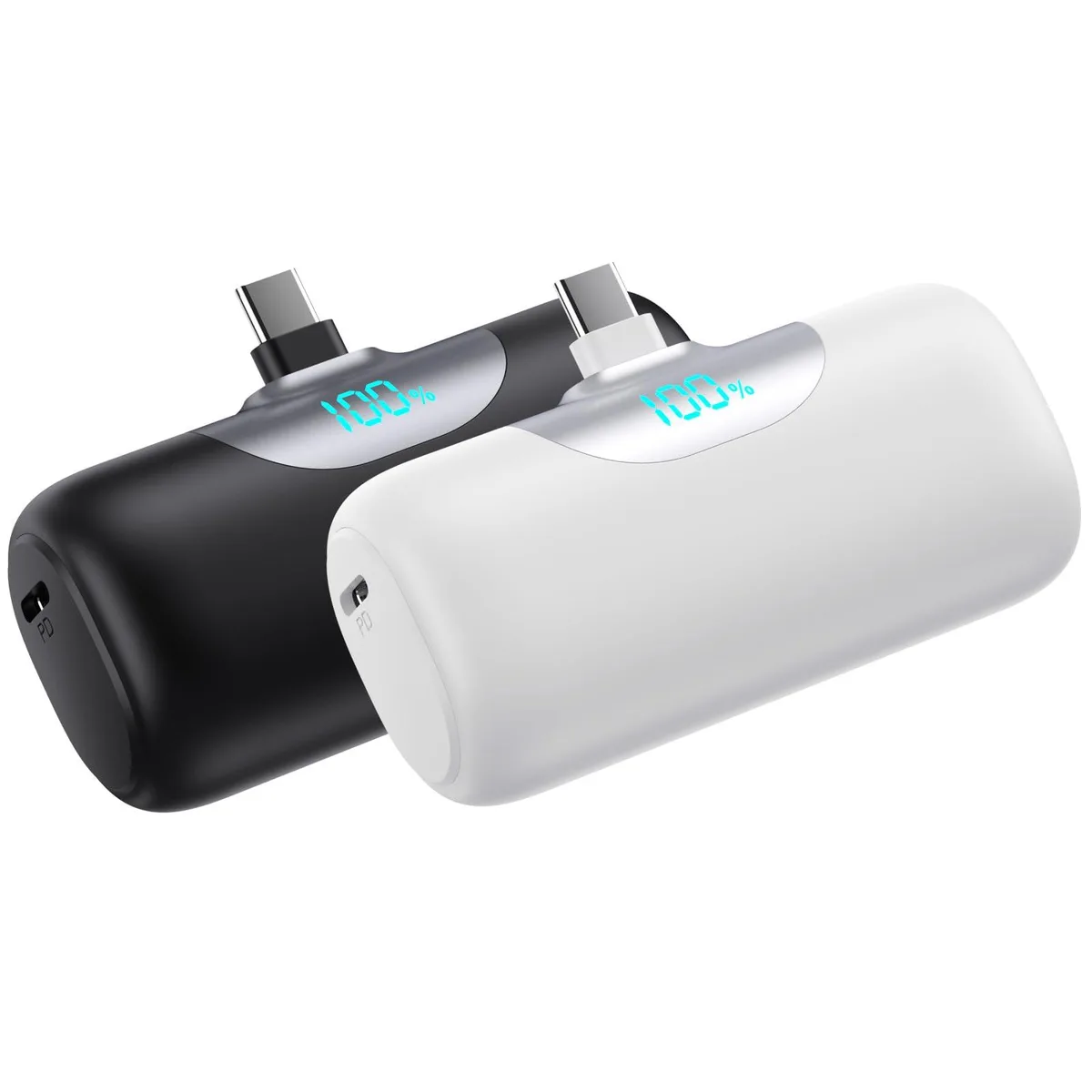 Two compact USB-C power banks, one black and one white, each with an LCD display and built-in connector