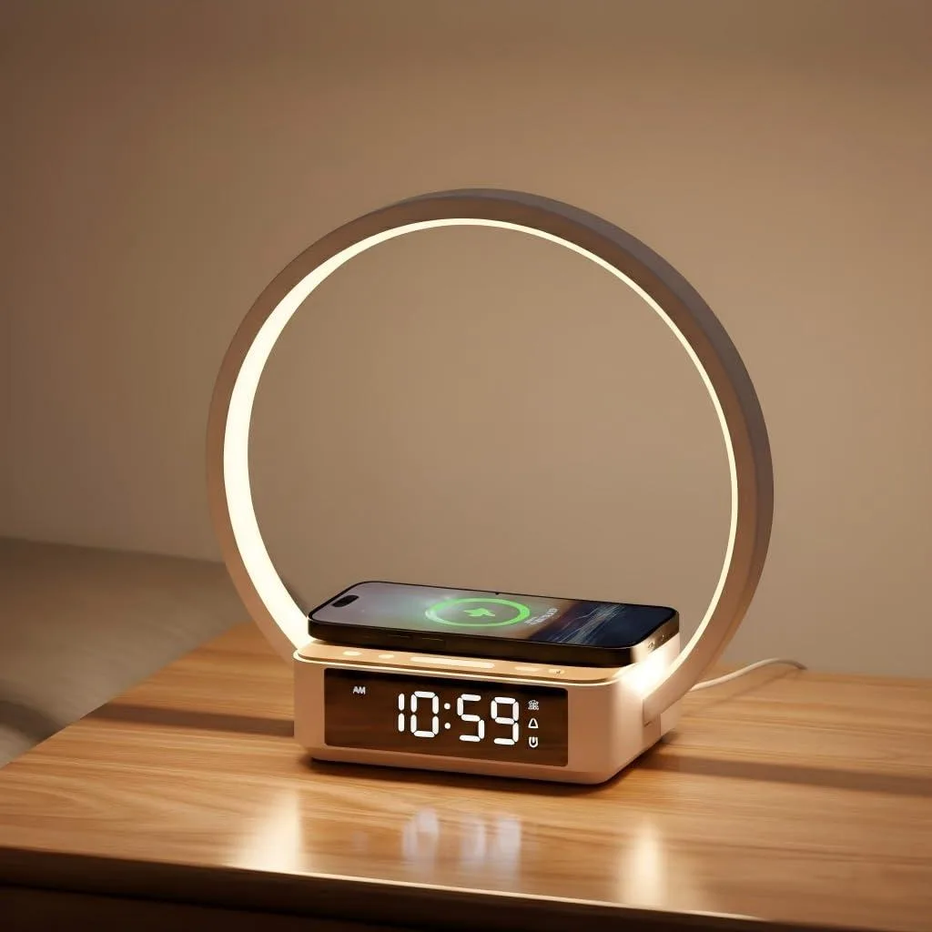 Round wood-grain table lamp with touch arm, wireless pad and digital clock display