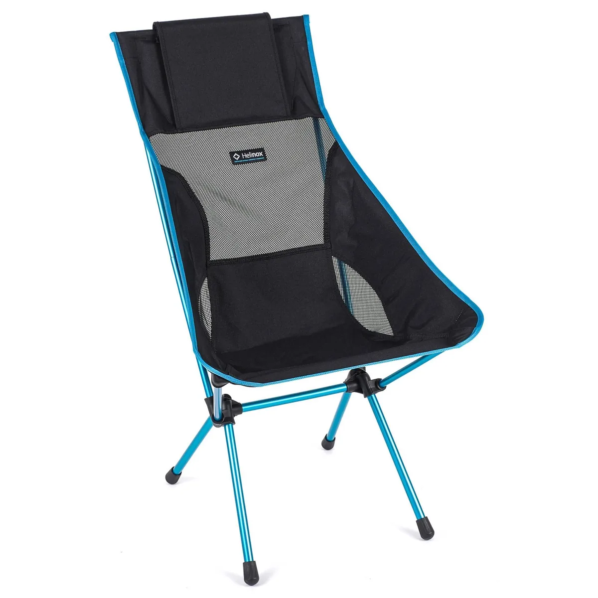 Black collapsible camping chair with high back, side pockets and aluminum frame folded in carry bag