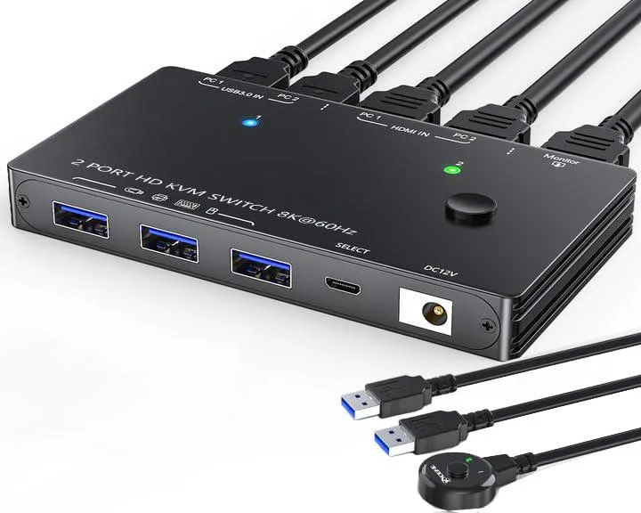 IHDAPP IHDAPP KC-8201KVM 2-Port HDMI KVM Switch 8K@60Hz 3 USB 3.0 Wired Remote — product photo