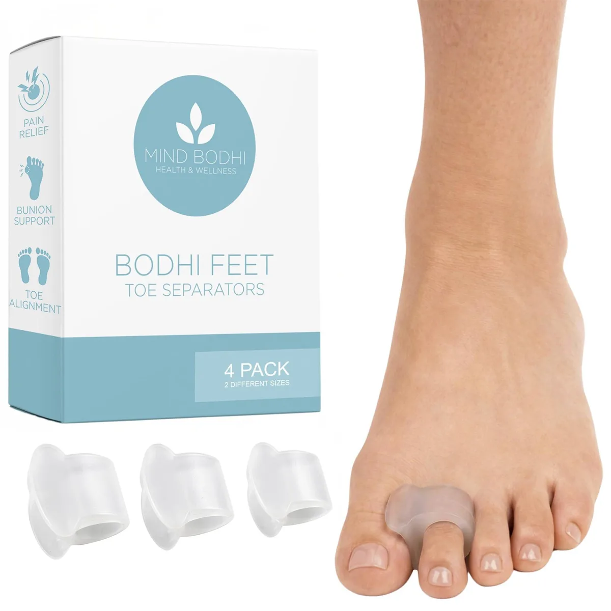 Four clear gel toe separators with single loops, transparent and flexible