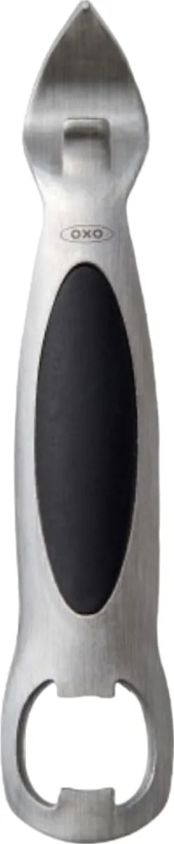 OXO stainless steel bottle and can opener, silver finish, slim profile with soft touchpoints