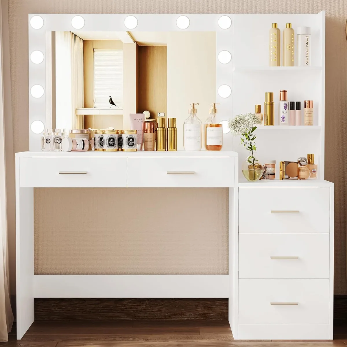 White vanity table with large lighted mirror and eleven LED lights