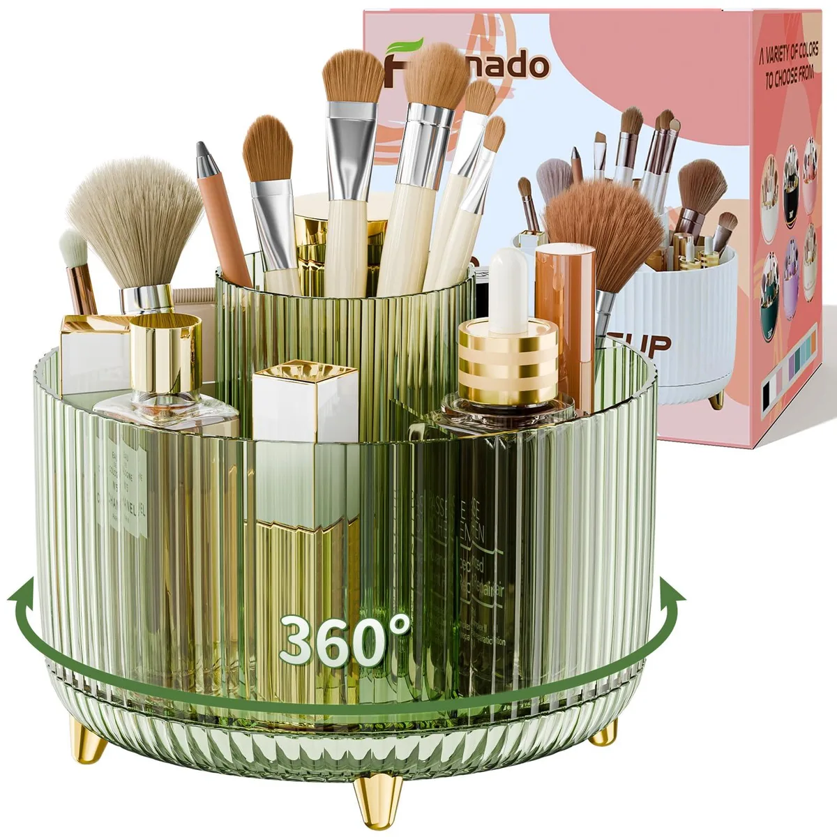  Clear Rotating Makeup Organizer 5 Compartment Transparent Green 360° 14.33in W x 12.83in H x 9.06in D — product photo