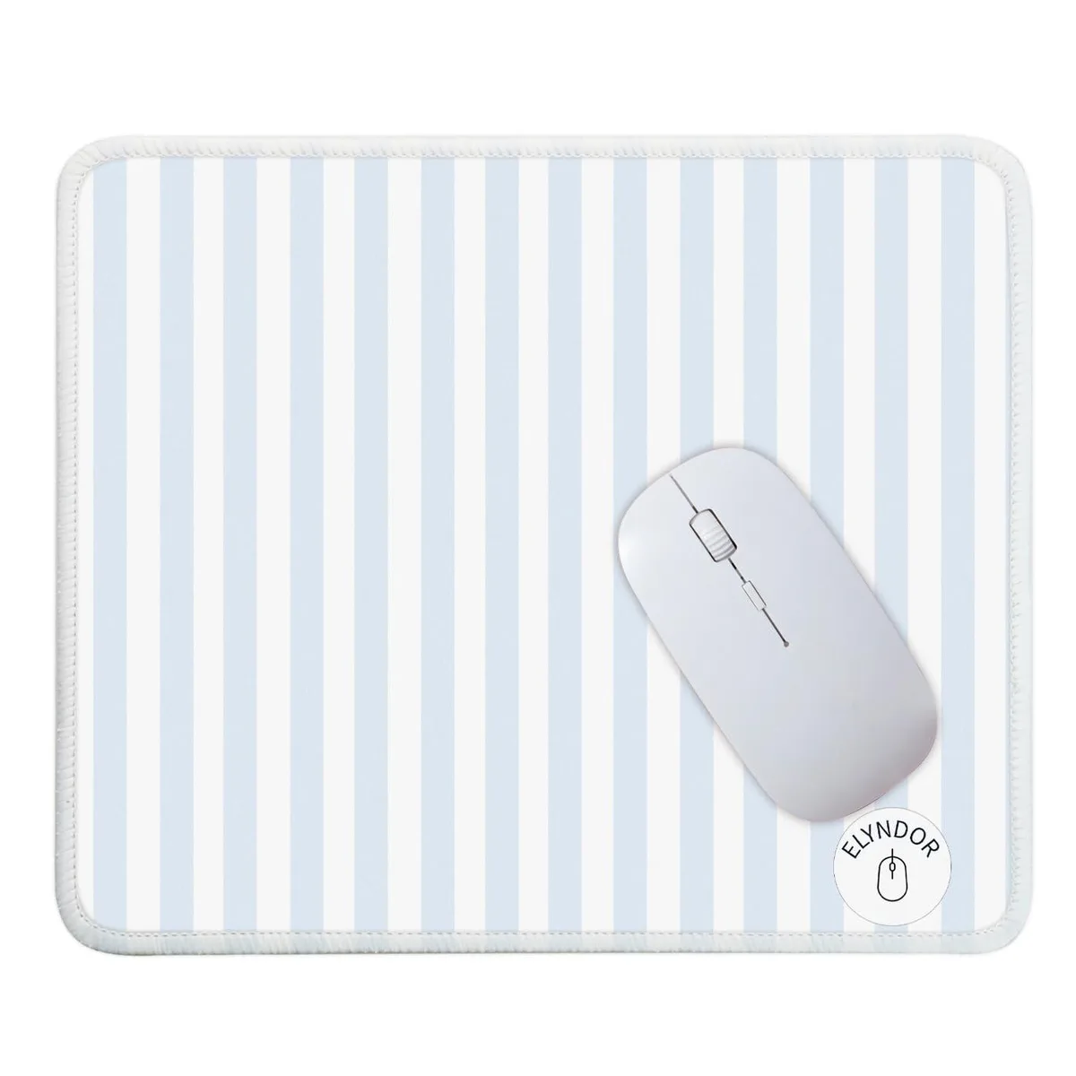 Blue-striped rectangular mouse pad with stitched edges and rubber base