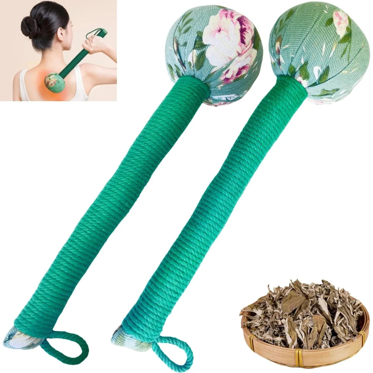 Two green handheld massage hammers, each 12.5 inches long with a 3.5 inch diameter head