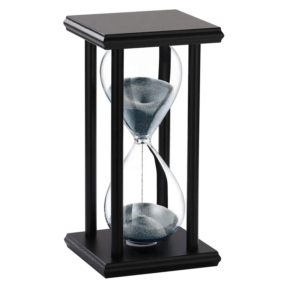 Copper-finish plastic hourglass on black wooden stand, 30 minute timer