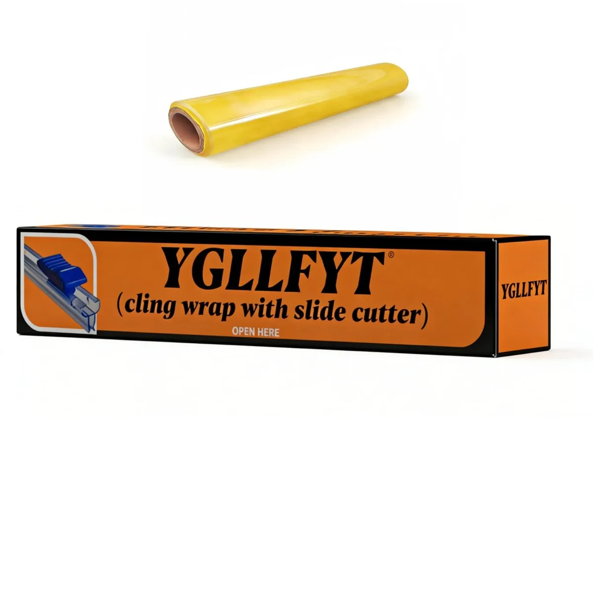 Yellow plastic wrap roll with sliding cutter in dispenser box