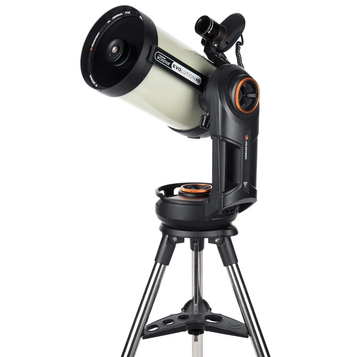 Orange-tube Schmidt-Cassegrain telescope on fork mount with tripod and accessory case