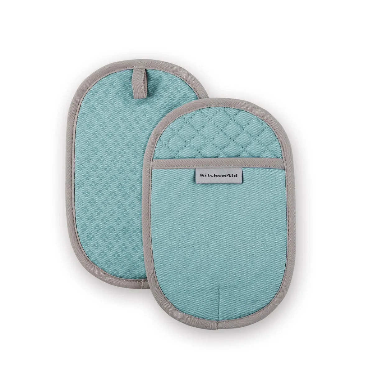 Two aqua cotton pot holders with heart silicone grips and hanging loops