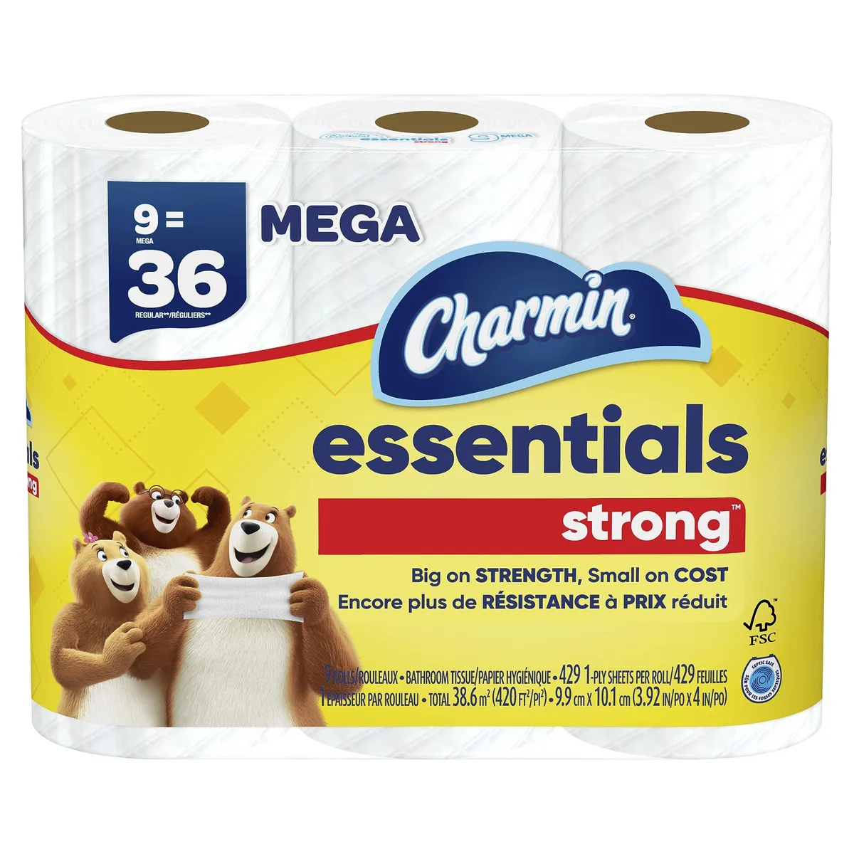 White toilet paper pack, 9 mega rolls, rectangular box 15 by 12 by 5 inches
