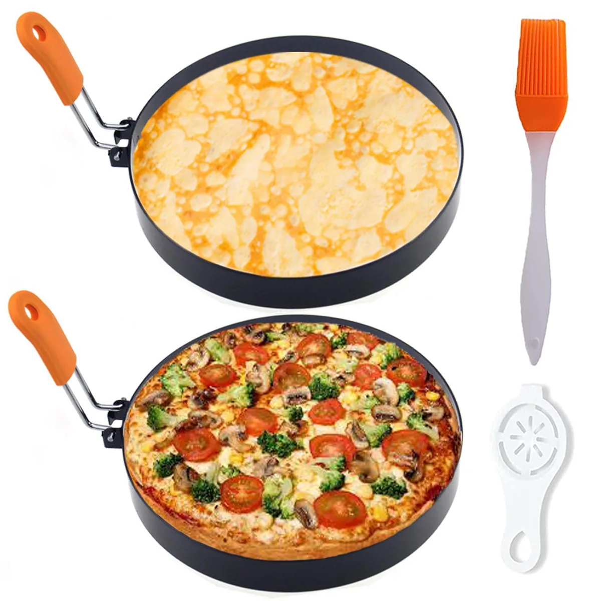 Two stainless steel 6-inch pancake rings with orange silicone folding handles
