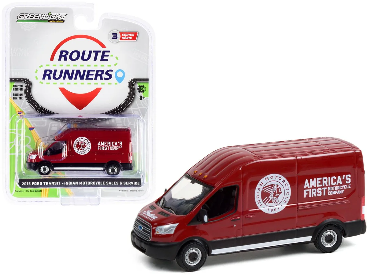 GREENLIGHT GREENLIGHT 2015 Ford Transit LWB High Roof Van Burgundy Indian Motorcycle Route Runners 1/64 Hobby Collectible — product photo