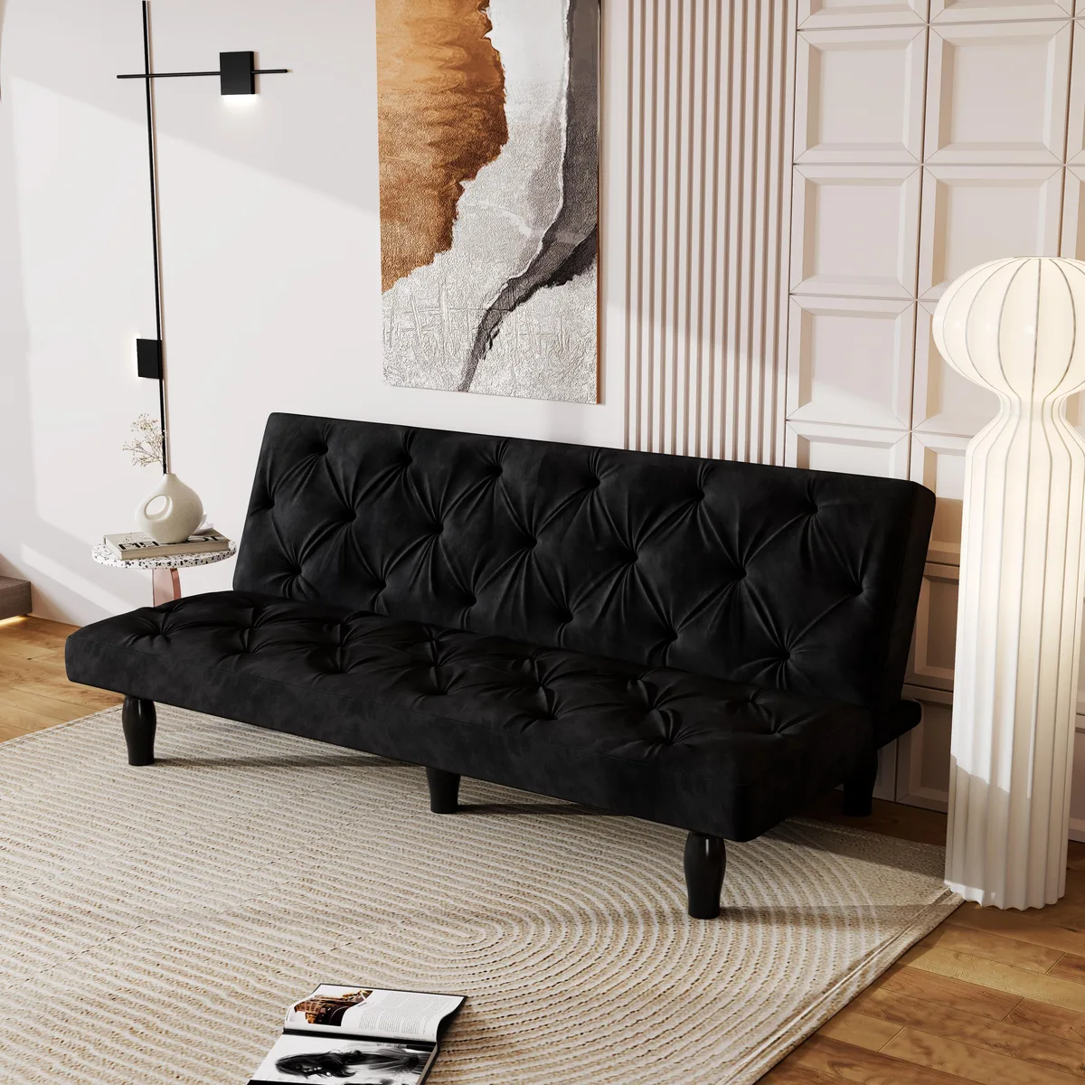 66 inch black velvet sofa bed with tufted back and seat