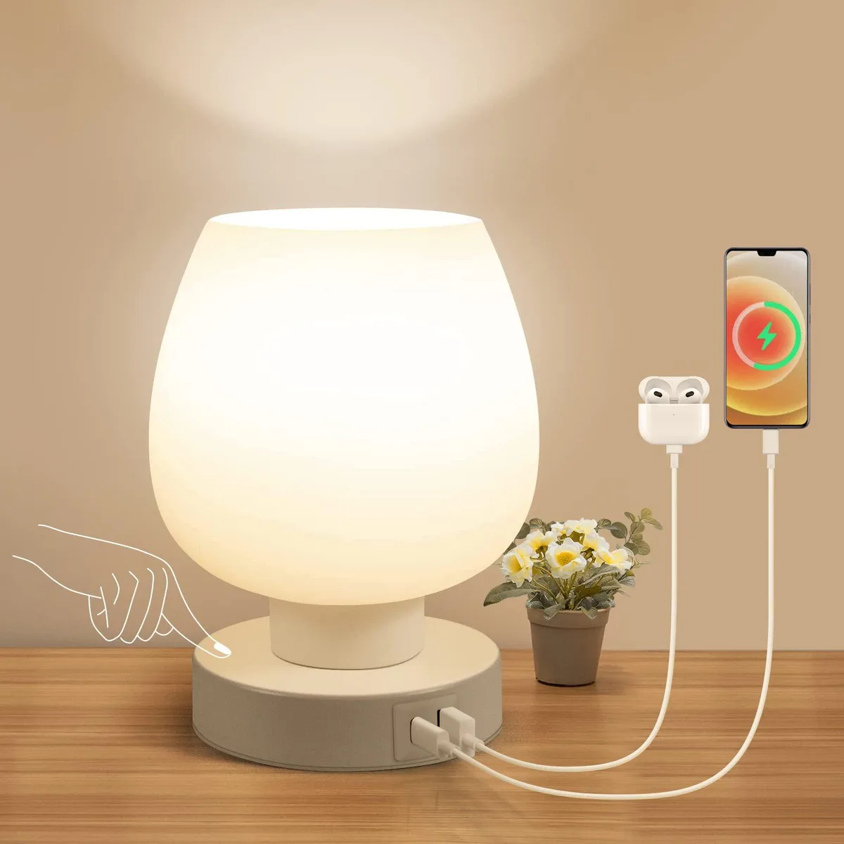 Oval opal glass table lamp with glossy metal base and touch control