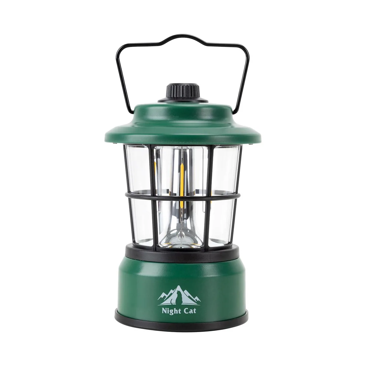Green cylindrical lantern with black accents and carry handle
