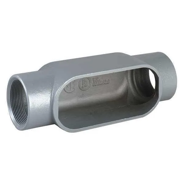Gray aluminum C-style conduit body with 1/2 inch threaded hub