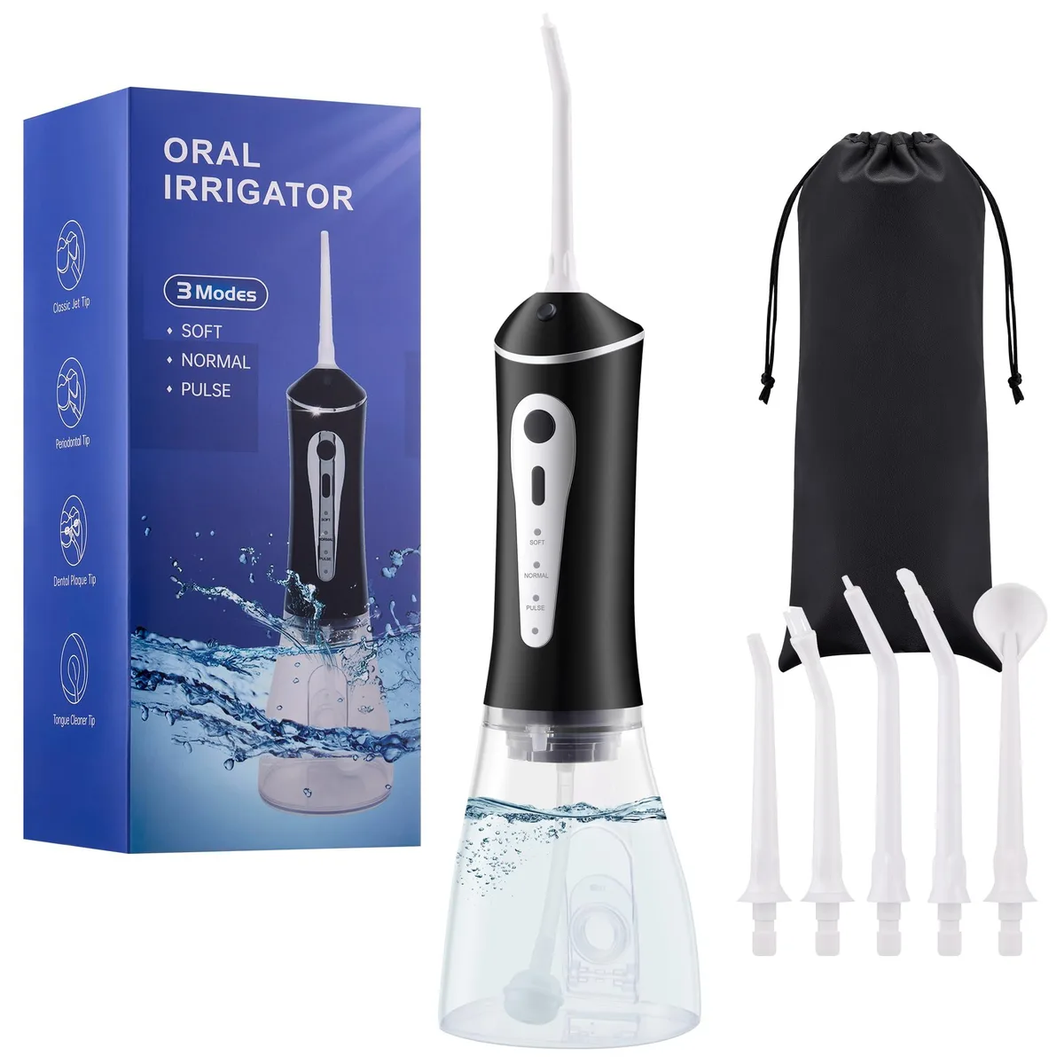 White battery powered water flosser with travel pouch