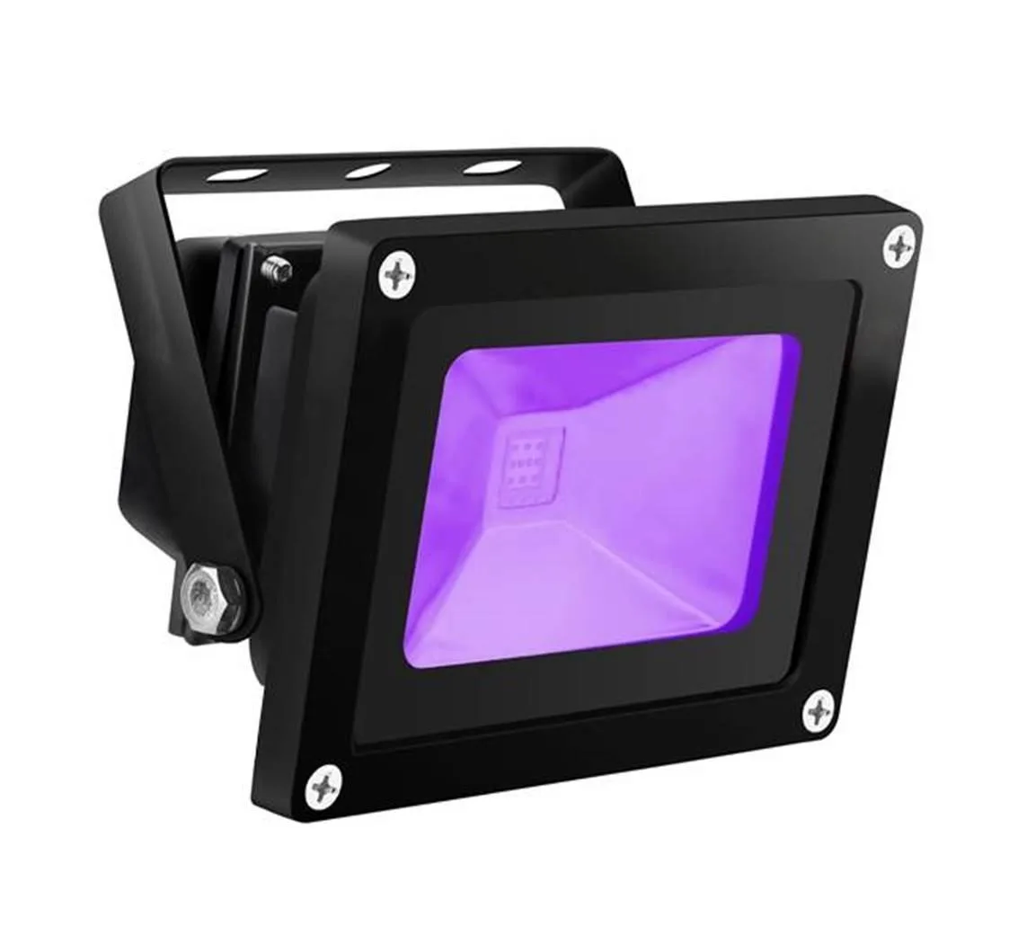 Black painted metal floodlight with glass lens, 4.6 by 3.8 by 3.8 inches, IP65 rated