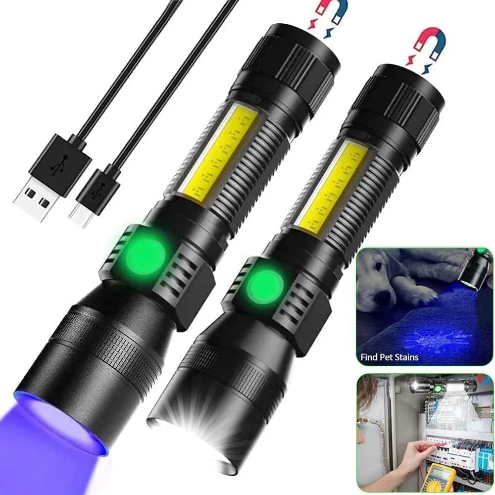 Black cylindrical flashlight with zoomable head and USB port