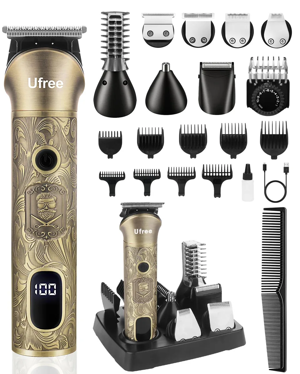 Black cordless beard trimmer kit with multiple attachments and charging base on dark background