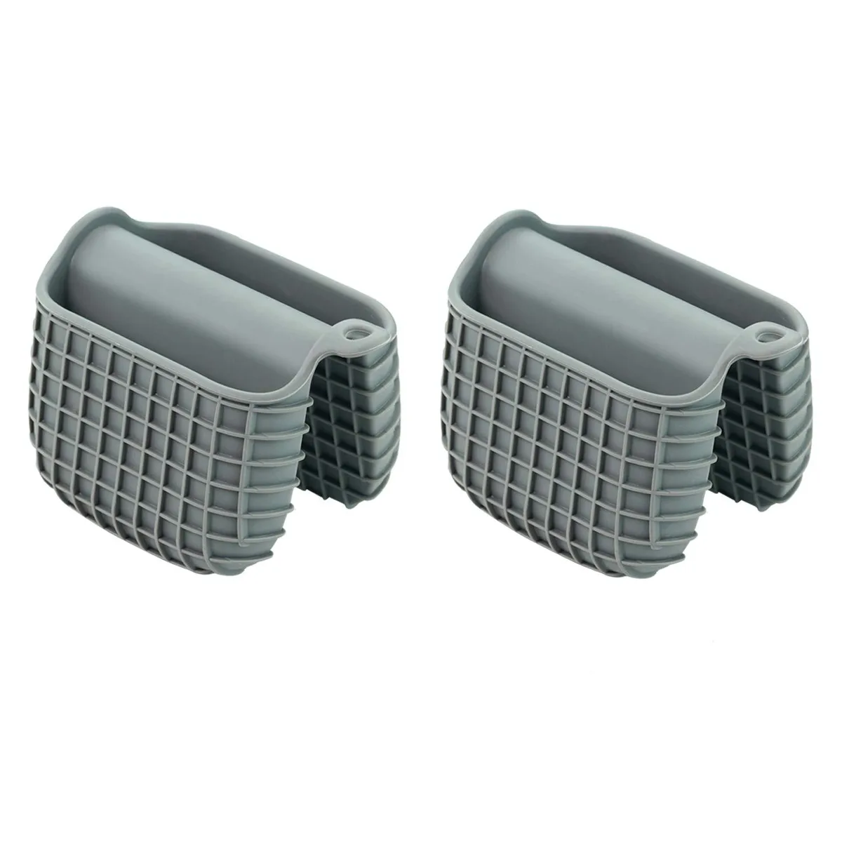 A pair of square gray silicone oven mitts with textured grip and hanging holes
