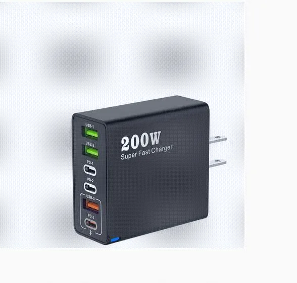 Black rectangular 200W charger with three USB ports