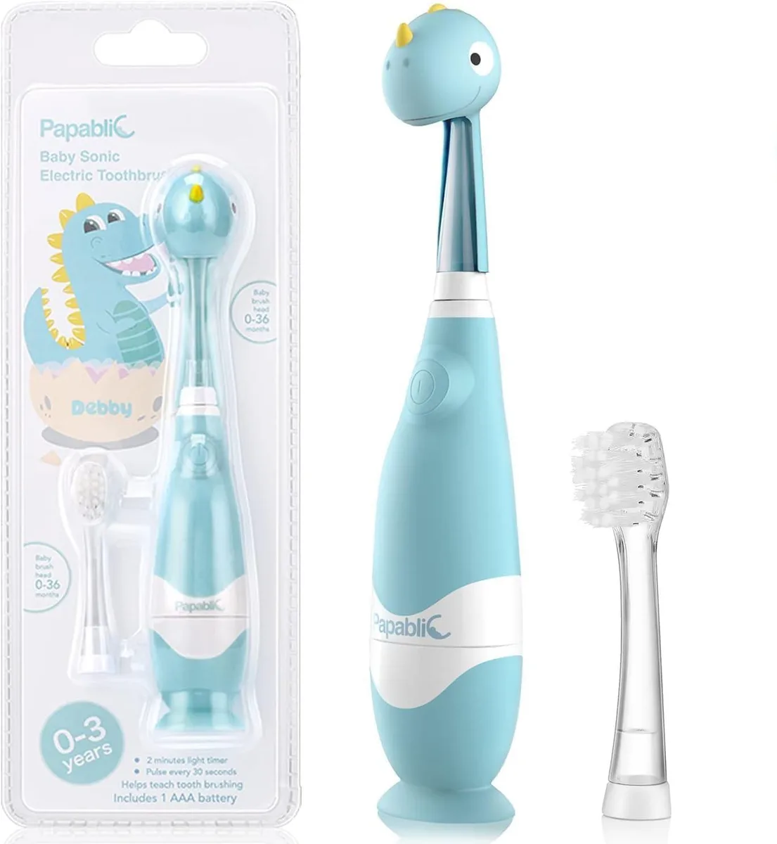 White toddler sonic toothbrush with dinosaur cover and LED timer