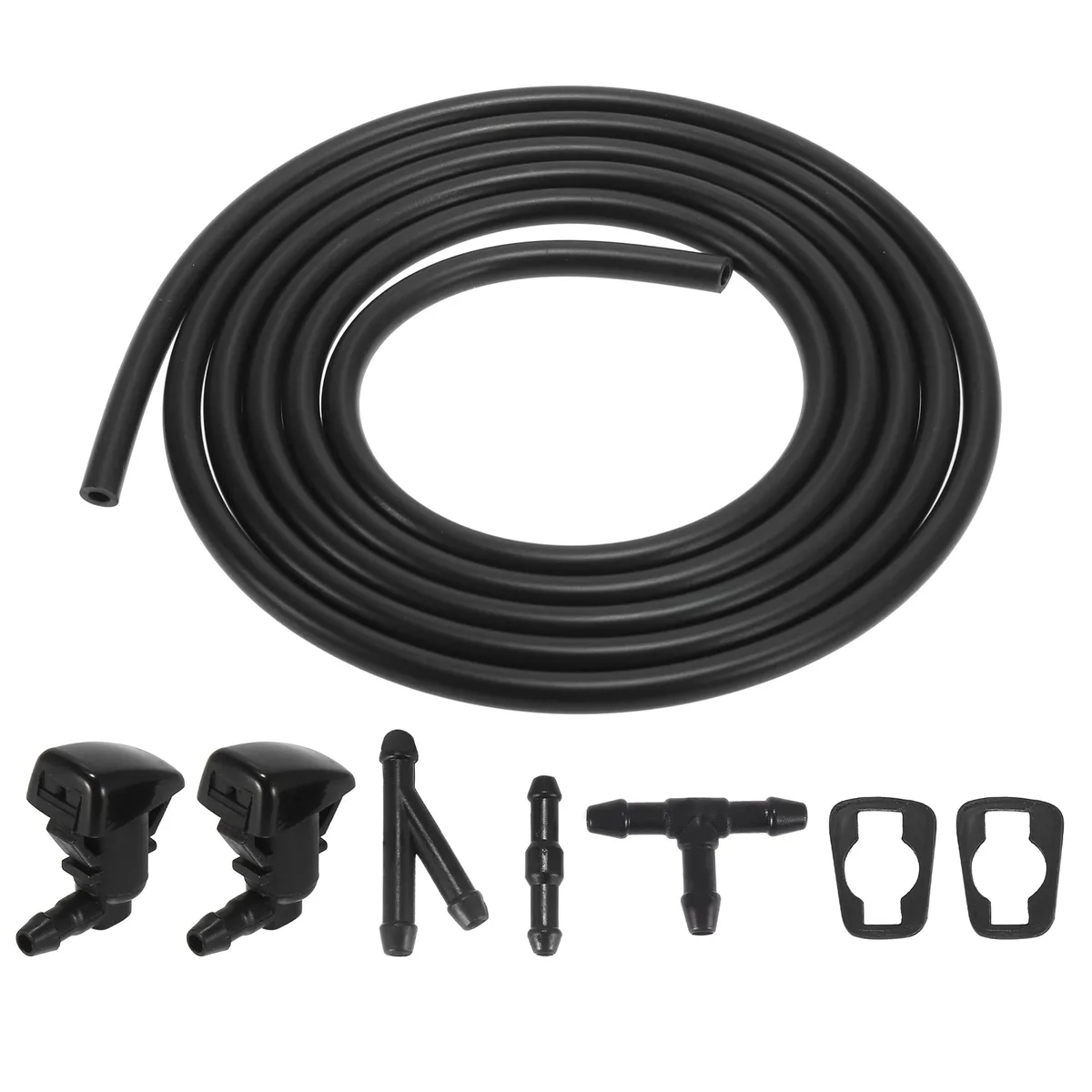 Two black plastic windshield washer nozzles, 2.2 metre hose, three connectors and two gaskets
