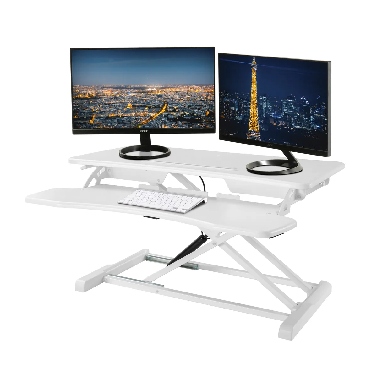 White 32 inch standing desktop converter with gas spring lift, two-tier surface, keyboard tray, particle board top, aluminum frame