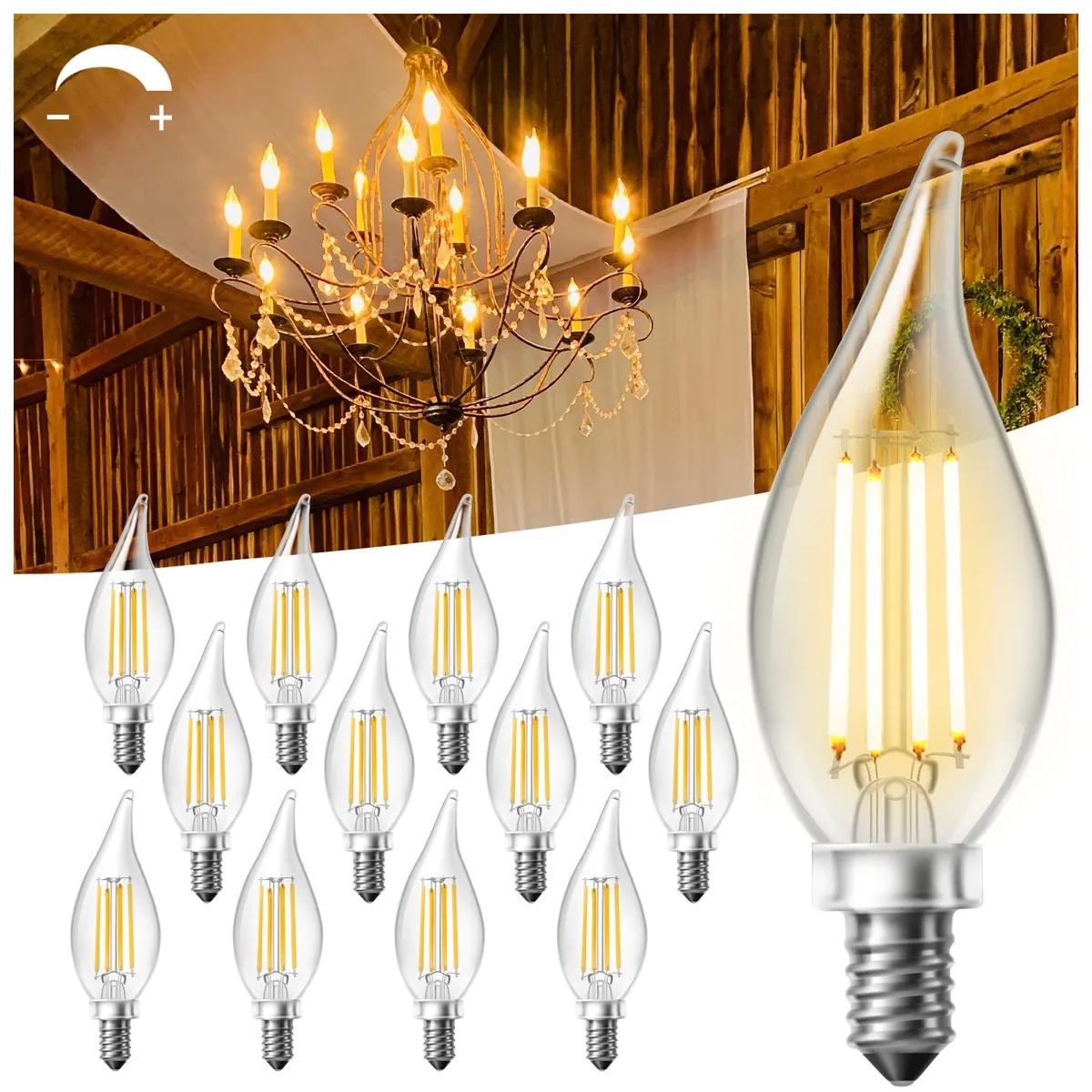 Twelve clear glass candle bulbs with exposed filaments and flame tips