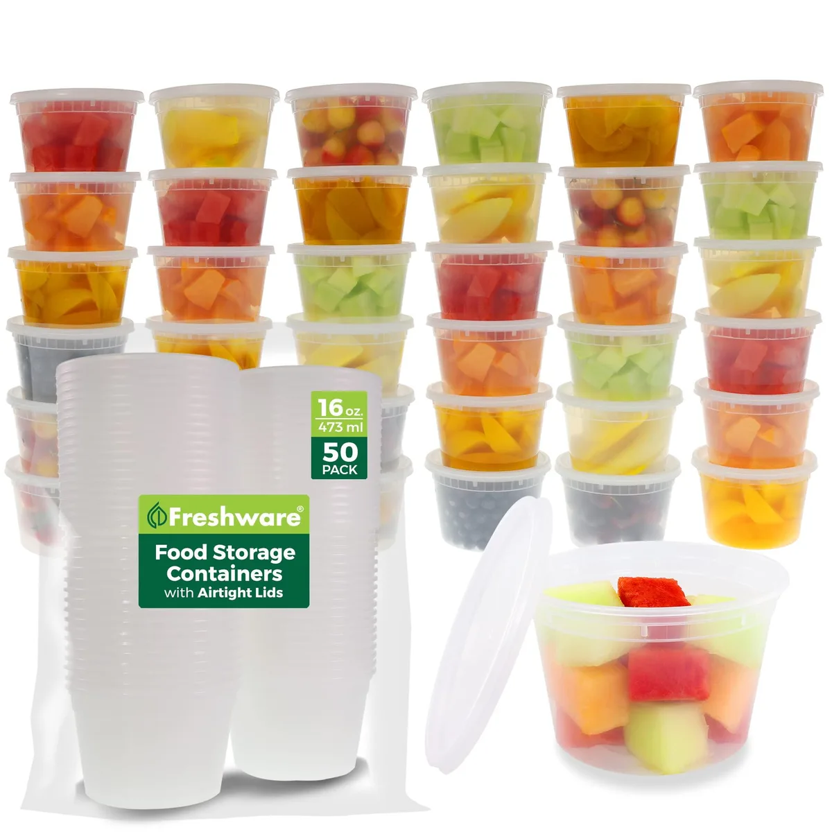 Fifty clear 16 oz plastic containers with matching lids stacked together
