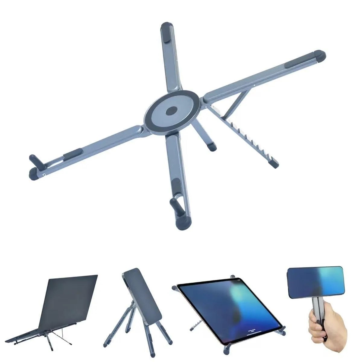 Silver-gray foldable aluminum laptop stand with magnetic phone holder, compact and adjustable