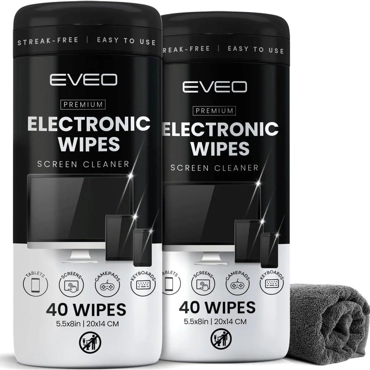 Two blue canisters with microfiber cloths and 80 pre-moistened screen wipes