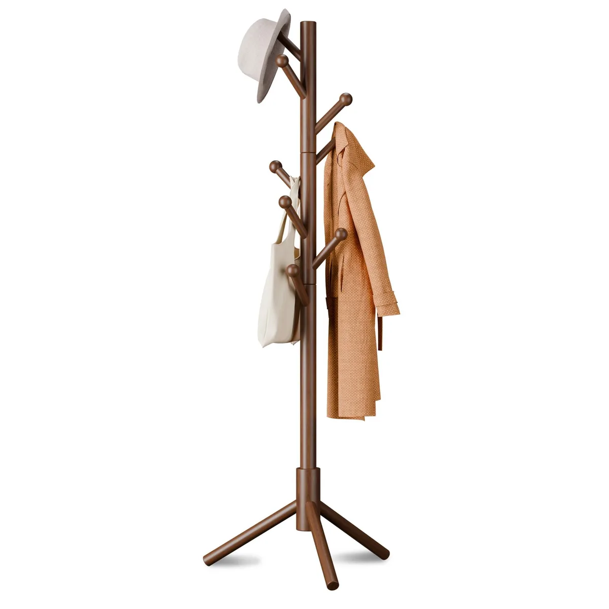Brown wooden freestanding coat rack with eight round hooks and triangular base