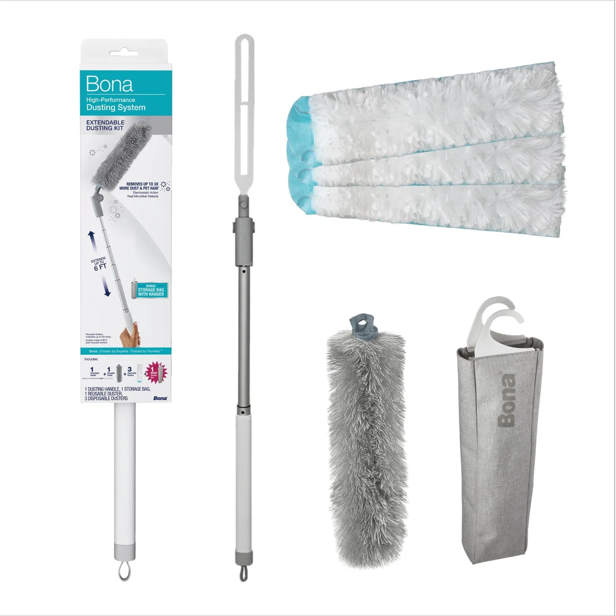 White extendable handle with microfiber duster head and storage bag