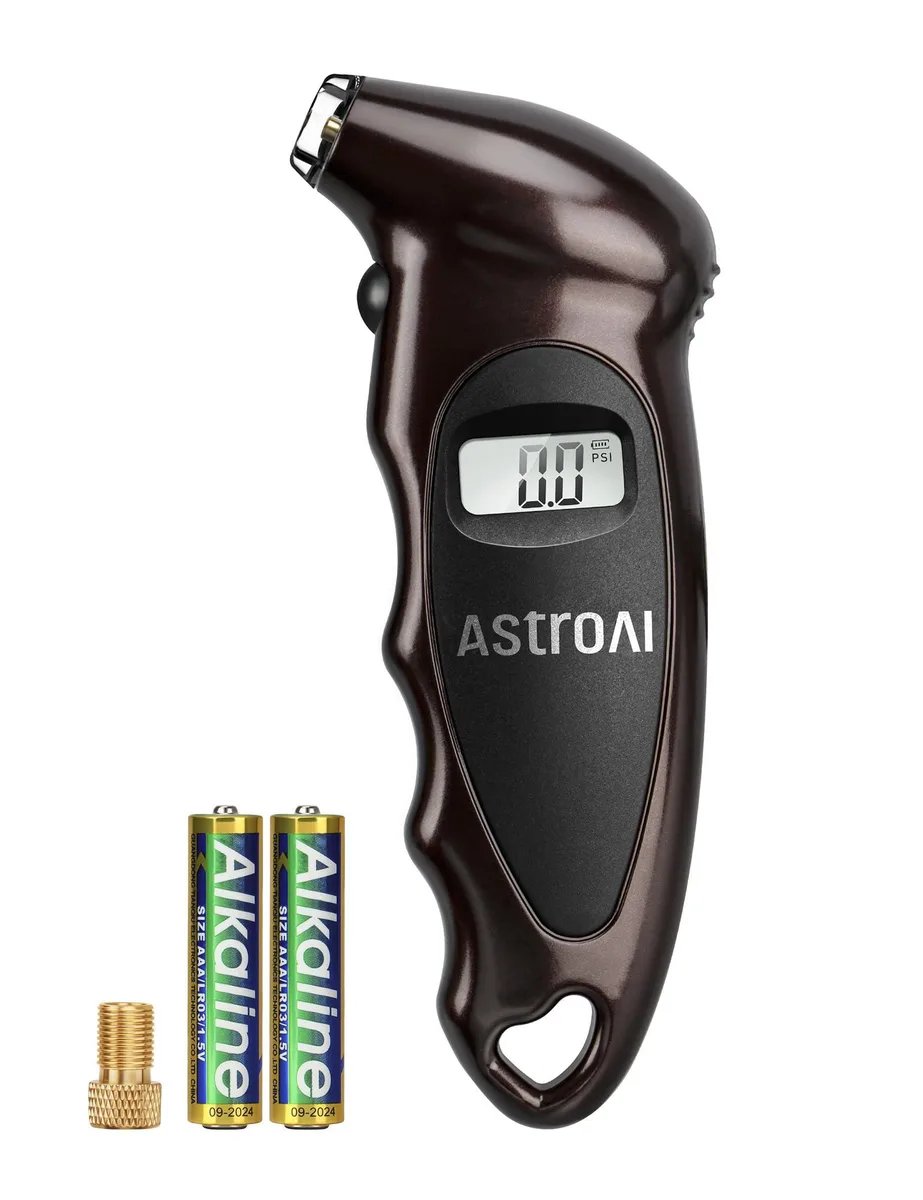 Brown digital tyre pressure gauge with backlit LCD screen, non-slip grip and replaceable AAA battery