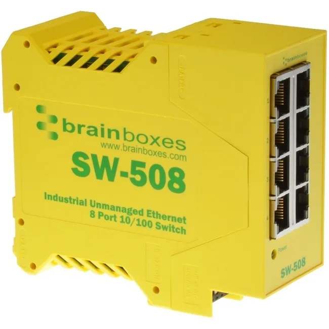Compact metal box with eight Ethernet ports and removable power terminal