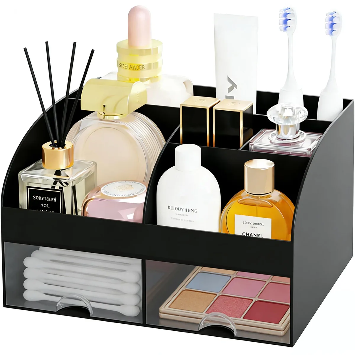 DIRZHX Toothbrush Holders-0319 Makeup Organizer 2 Drawers Black 8.3 x 5.6 x 4.8 in — product photo