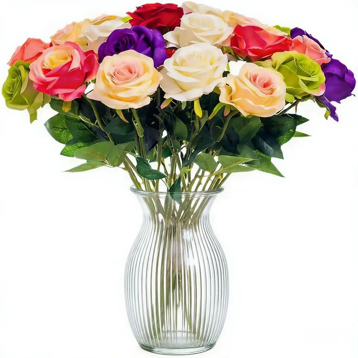 Twelve pink flannel roses on fifteen inch wired stems in a bottle