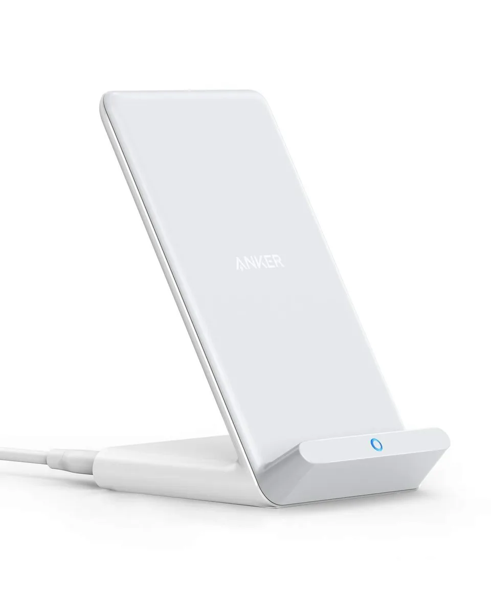 White upright wireless charging stand with angled cradle and base